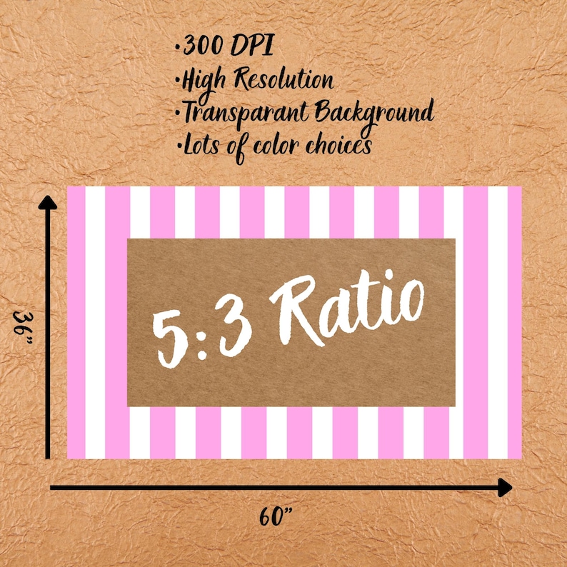 Puede incluir: Un tel&oacute;n de fondo a rayas rosas y blancas con un centro marr&oacute;n. El centro presenta el texto "5:3 Ratio" en blanco. El tel&oacute;n de fondo mide 152 cm de ancho y 91 cm de alto. La imagen tambi&eacute;n incluye texto: "300 DPI", "Alta Resoluci&oacute;n", "Fondo Transparente" y "Muchas opciones de color".
