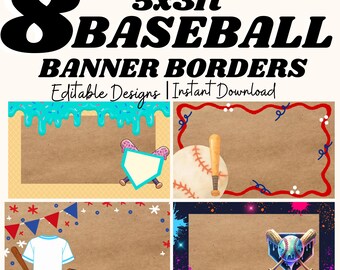 Paquete de plantillas para borde de pancarta de béisbol, archivos PNG de 152 x 91 cm, chispas de colores, Novato del Año, Cumpleaños deportivo, Descarga instantánea, Elementos de Canva