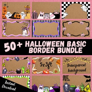 Puede incluir: Una colección digital de más de 50 bordes rectangulares con temática de Halloween sobre un fondo de papel kraft. Los diseños incluyen fantasmas, calabazas, murciélagos, calderos, telarañas y texto como 5x3ft, Transparent background.