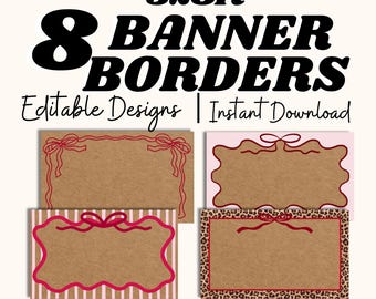 Paquete de plantillas de borde para pancarta de San Valentín, archivos PNG de 152 x 91 cm, lazos de rayas, contorno ondulado, Galentine, descarga instantánea, Canva Elements