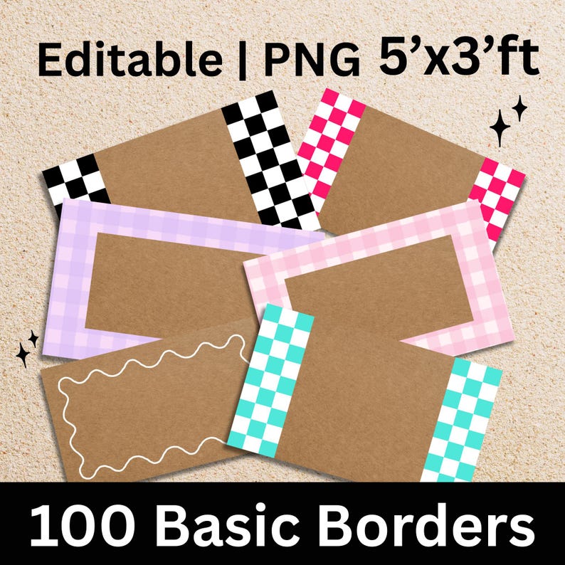 Puede incluir: Una colecci&oacute;n de tarjetas rectangulares marrones con varios bordes decorativos. Los bordes presentan patrones como cuadros, cuadros de vichy y l&iacute;neas onduladas en colores como negro, rosa, morado y turquesa. El texto en la parte superior dice "Editable | PNG 152cm x 91cm" y en la parte inferior "100 Basic Borders".