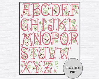 Floral alphabet cross stitch pattern, Printable letters chart, Font embroidery, Instant download PDF