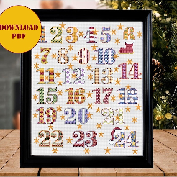 The Numbers cross stitch pattern, Christmas font counted embroidery, Christmas Calendar, DIY bags for Christmas gifts, Instant download pdf.