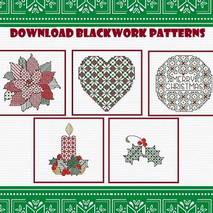 Schema di ornamenti natalizi in nero, schema punto croce a forma di cuore e rotondo, download immediato in pdf, biglietti di Capodanno fai da te