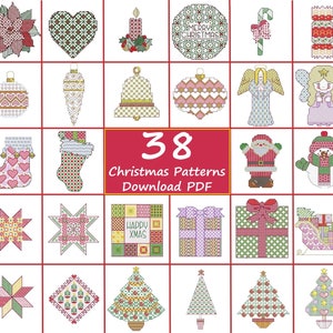 Conjunto de 38 adornos navideños patrones de punto de cruz y blackwork, Bordado contado moderno, Descarga instantánea pdf, Tarjetas de año nuevo DIY