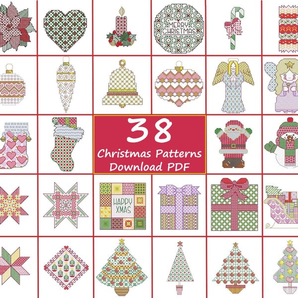 Set of 38 Christmas ornaments blackwork and cross stitch patterns, Modern counted embroidery , Instant download pdf, New year cards DIY