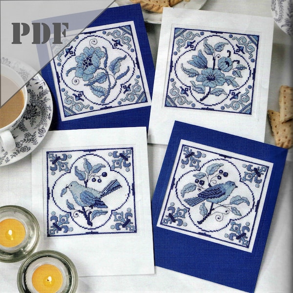Set of 4 blue willow cross stitch pattern, Blue bird counted cross stitch ornaments, Porcelain design embroidery, Instant download PDF