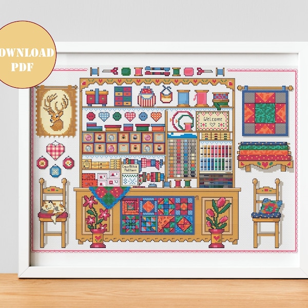 Sewing room counted cross stitch pattern, Craft room embroidery ornament, Modern cross stitch, Instant download PDF