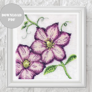 Purple flowers cross stitch pattern, Clematis counted cross stitch ornament, Floral embroidery design, Instant download PDF