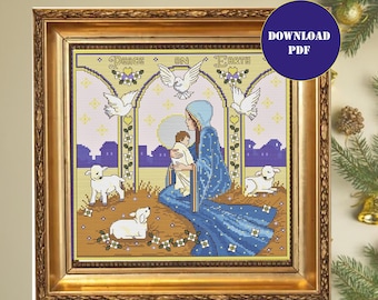 May include: A cross-stitch pattern depicting Mary holding baby Jesus, surrounded by doves and lambs. The pattern is framed in a gold frame and includes the text "Peace on Earth".