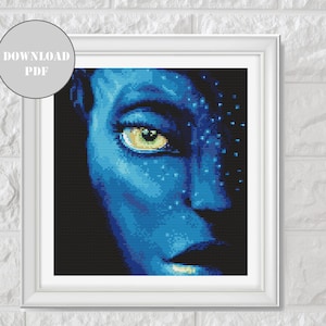Avatar cross stitch pattern, Avatar Pandora embroidery chart, Avatar Movie counted cross stitch on black aida, Instant download PDF