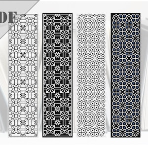 Può includere: Quattro design di segnalibri in bianco e nero con motivi geometrici. I design presentano motivi ripetitivi di quadrati, cerchi e stelle.