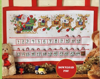 Advent Calendar Cross stitch pattern, Santa on sleigh with Reindeer embroidery ornament, Numbers cross stitch chart, Instant download pdf.