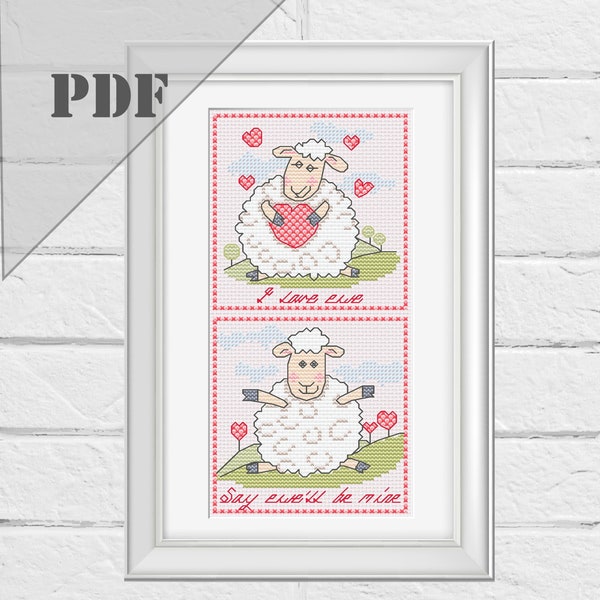 Set of 2 funny ewes cross stitch patterns, Cute sheep cross stitch chart, Valentines card embroidery design, Instant download PDF