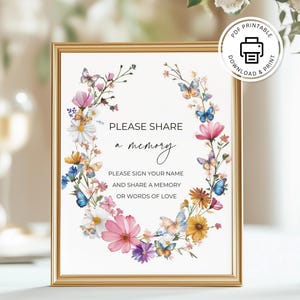 Butterflies Wildflowers Funeral Share A Memory Memorial Service Sign, Wake Guest Book, Condolence Celebration of Life, Remembrance Sign