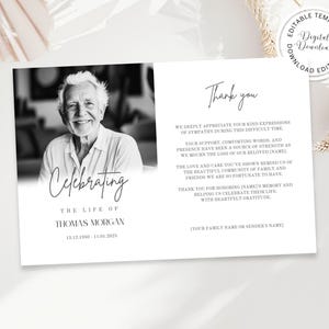 May include: A black and white memorial card with a photo of an older man. The card reads "Celebrating the Life of Thomas Morgan" with dates. The right side has a "Thank you" message.