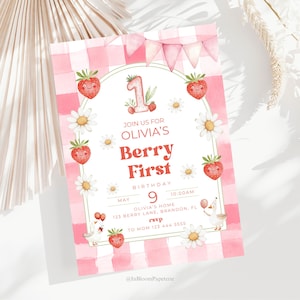Beere Erster Geburtstag Mädchen Einladung Vorlage Rosa Gingham Gänseblümchen Erdbeere Dumme Gans 1st Birthday Card Invite Bearbeitbare Vorlage Canva
