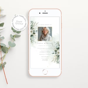 May include: A digital memorial card with a white floral design and a photo of a woman. The text reads "In loving memory of Anna Morgan".