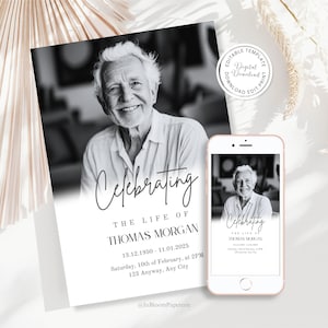 Minimale bewerkbare sjabloon begrafenisuitnodiging, Evite-uitnodiging, afdrukbare Memorial Card, overlijdensaankondiging, viering van het leven, Minimal 02