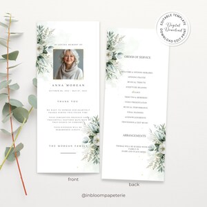Greenery Funeral Program Template: Editable Memorial Service (Canva, Digital Download)