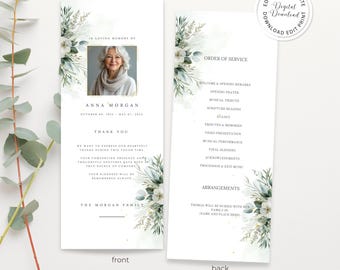 Greenery Funeral Program Template: Editable Memorial Service (Canva, Digital Download)
