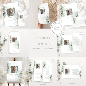 Greenery Funeral Program Template Bundle: Memorial Invitation, Evite, Poster (Canva)