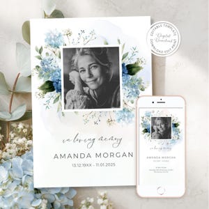 May include: A memorial card and smartphone display a black and white photo of a woman surrounded by blue floral accents. The card reads "In Loving Memory" and the name "AMANDA MORGAN" with dates. The smartphone shows a similar design.