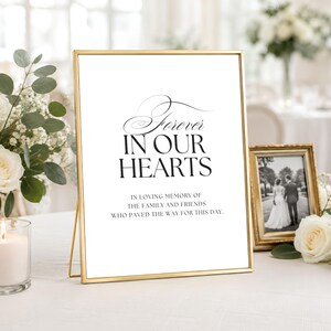 May include: A vertical rectangular sign in a thin gold metal frame featuring black text on a white background that reads: Forever IN OUR HEARTS IN LOVING MEMORY OF THE FAMILY AND FRIENDS WHO PAVED THE WAY FOR THIS DAY. The sign stands upright.