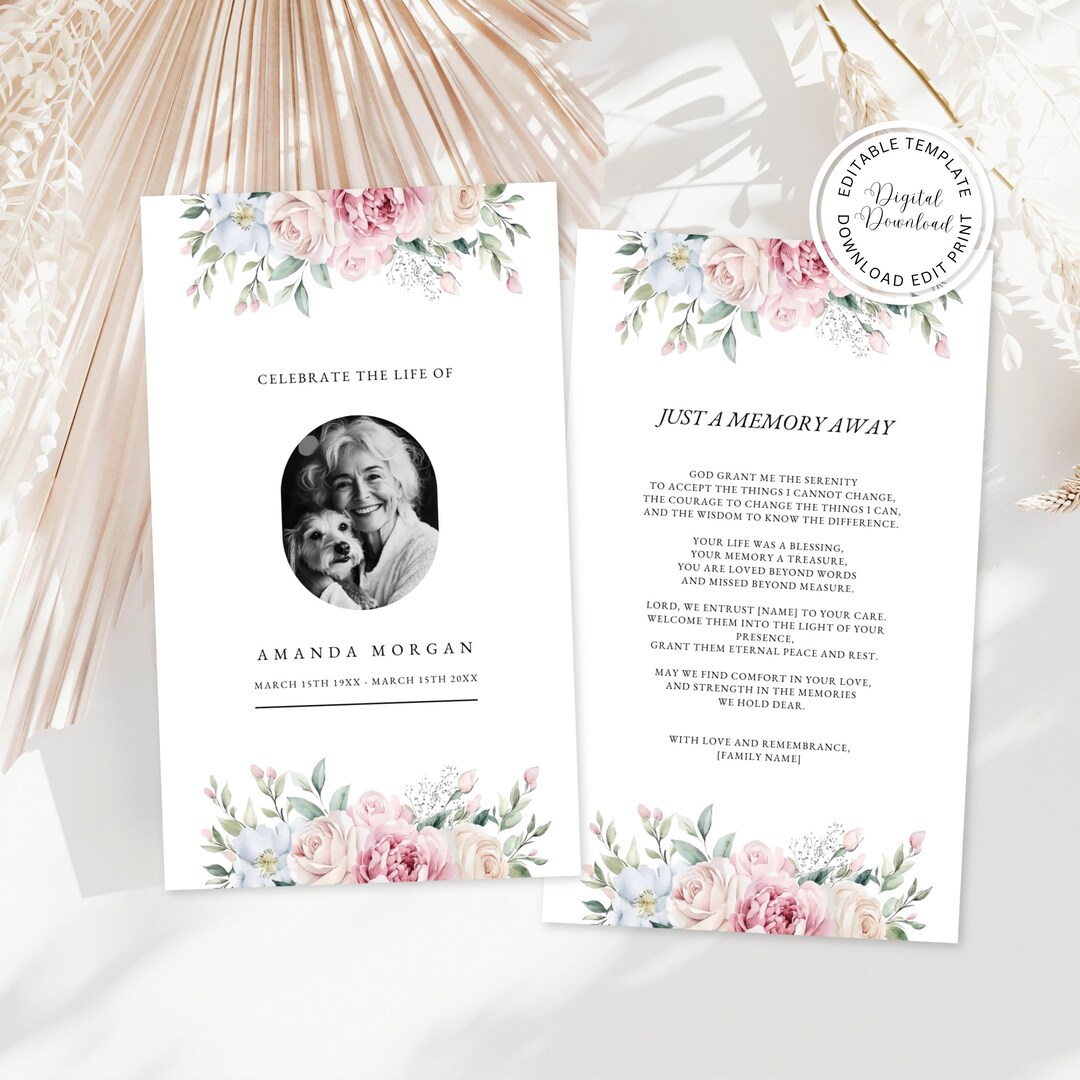 Pastel Floral Funeral Prayer Card Template Editable Memorial Card 