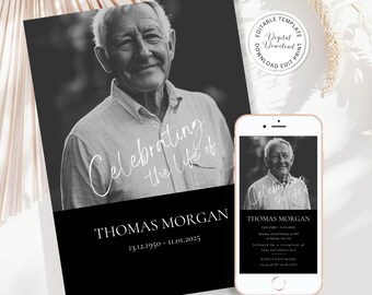 Puede incluir: Plantilla de memorial fotográfico en blanco y negro con el texto "Celebrating the life of Thomas Morgan 13.12.1950 - 11.01.2025" y el texto "@InBloomPapeterie".
