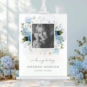 May include: A memorial sign featuring a black and white photo of a woman, surrounded by blue hydrangea flowers and greenery. The sign includes the text "in loving memory" and the name "AMANDA MORGAN" with dates.