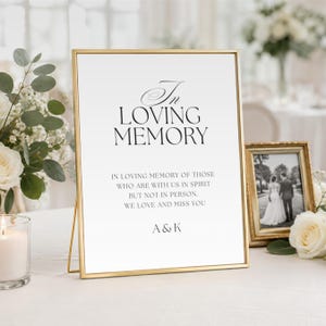 May include: A gold-framed sign with white background and black text reading: In Loving Memory, In loving memory of those who are with us in spirit but not in person. We love and miss you, A & K. The sign is displayed in a thin metallic frame.