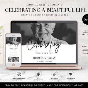 Könnte beinhalten: Eine Gedenk-Website-Vorlage, die auf einem Laptop- und Smartphone-Bildschirm angezeigt wird. Das Design zeigt ein Schwarz-Weiß-Porträt eines älteren Mannes mit dem Text Celebrating The Life Of Thomas Morgan 13.12.1950 - 11.01.2025 in einer Schreibschrift.