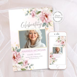 Modèle modifiable d'invitation pour les funérailles Fleurs roses célébrant la vie de l'invitation pour les funérailles Flyer commémoratif de célébration de la vie, invitation numérique