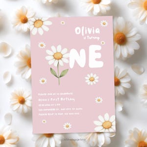 Modèle d'invitation pour le premier anniversaire d'une marguerite pour une fille, carte d'invitation modifiable de fleurs sauvages, impression marguerite bohème, marguerites blanches