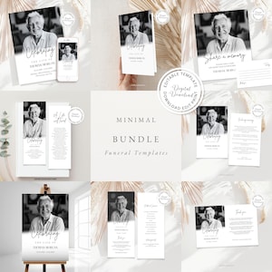 May include: A collection of minimalist funeral templates, featuring a black and white photo of a person. The templates include invitations, memorial cards, and a sign. The text includes "Celebrating the Life of" and "Share a memory."