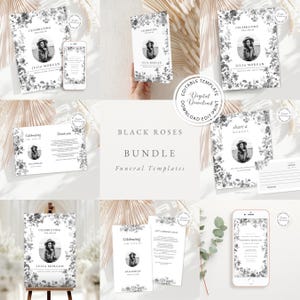 Puede incluir: Un conjunto de plantillas de funeral imprimibles con rosas negras y un diseño floral. Las plantillas incluyen una tarjeta conmemorativa, un programa, un cartel, una tarjeta de memoria y una tarjeta de agradecimiento. Las plantillas son editables y se pueden personalizar con una foto y texto.
