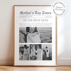Modelo de jornal editável para o Dia das Mães, presente personalizado para o Dia das Mães, cartão para o Dia das Mães para impressão, encarte de flores, presente digital para o Dia das Mães