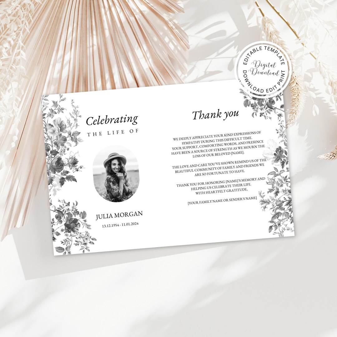 Black Roses Funeral Thank You Card Template (digital Download) - Etsy