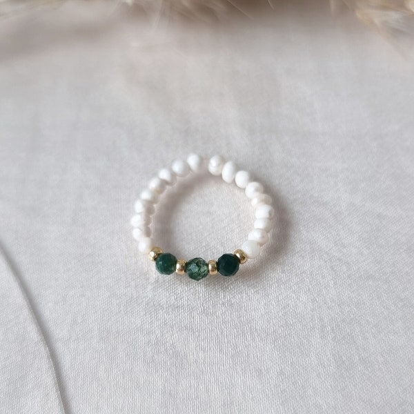 Perlenring Halbedelstein Gemstone Moosachat & Süßwasserperlen minimalistisch