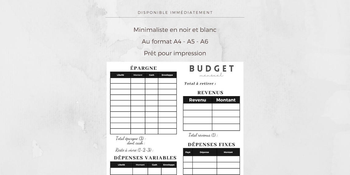Fiche gestion de budget enveloppes budget mensuel A4 Etsy France