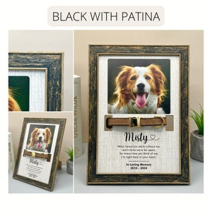Pode incluir: Uma moldura de foto preta e dourada com uma coleira de cachorro marrom e uma foto de um cachorro dentro. A moldura tem uma textura de tela e o texto "Misty" e "Quando o amanhã começar sem mim, não pense que estamos separados, pois cada vez que você pensa em mim, estou aqui no seu coração. Em memória carinhosa 2010-2024" está impresso na moldura.