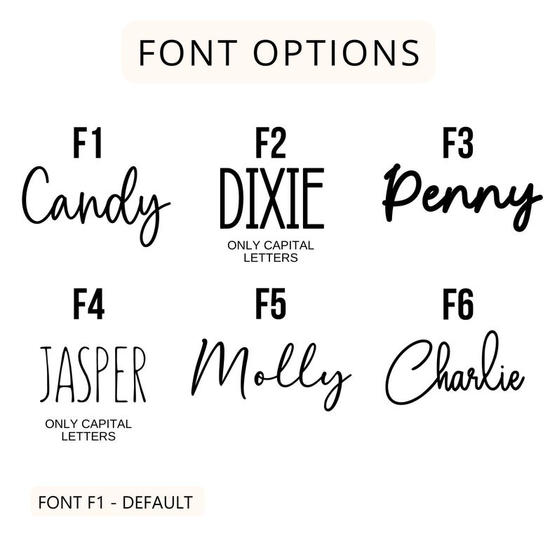 May include: Six different font styles are shown with the names Candy, Dixie, Penny, Jasper, Molly, and Charlie. The text "FONT F1 - DEFAULT" is at the bottom of the image.