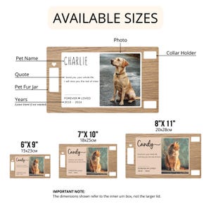 May include: A wooden pet urn with a photo frame, space for a pet's name, quote, fur jar, and years. The urn is available in three sizes: 6 x 9 inches, 7 x 10 inches, and 8 x 11 inches. The dimensions shown refer to the inner urn box, not the larger lid.