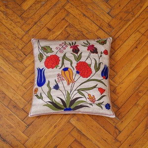 Silk Suzani Pillowcase, Floral Embroidery, Bohemian, Home Decor, Housewarming, Vintage Textile Art, &quot;MAY FLOWERS&quot; (39x39 cm / 15.3x15.3&#39;&#39;)