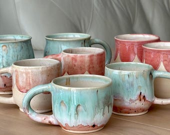 Colorful Chic Ceramic Mug Collection | Handmade | Pink and Green Glaze Variations | Unique Form and Flower Petal Design | 6–18 fl oz