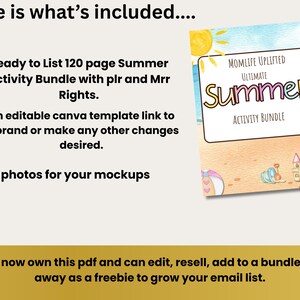 May include: A digital summer activity bundle with beach illustrations, including a 120-page guide, a Canva template, and mockup photos. The bundle is titled "Momlife Uplifted Ultimate Summer Activity Bundle". Text on the image reads "Here is what's included..."