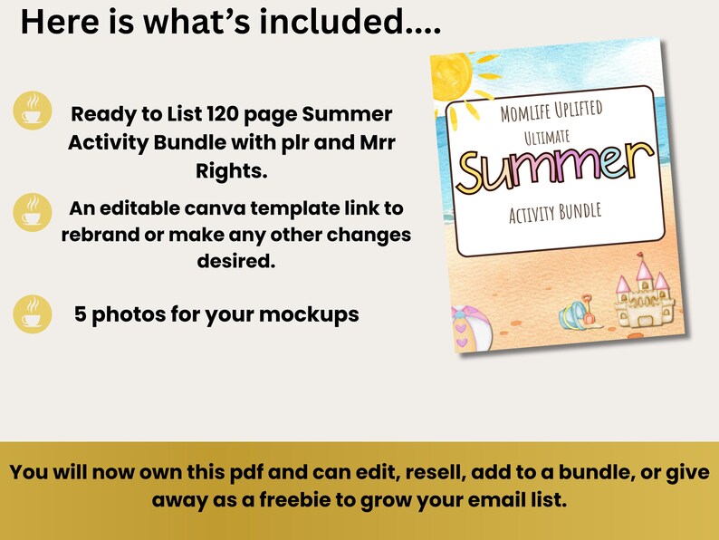 May include: A digital summer activity bundle with beach illustrations, including a 120-page guide, a Canva template, and mockup photos. The bundle is titled "Momlife Uplifted Ultimate Summer Activity Bundle". Text on the image reads "Here is what's included..."
