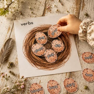 May include: A learning activity featuring a paper with the word "verbs" and a drawing of a nest. Egg-shaped cards with verbs like "grow," "sing," and "dig" are placed around the nest. A hand is placing an egg card.