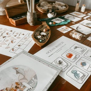 May include: A printable ocean animal matching game with colorful illustrations of a crab, octopus, jellyfish, dolphin, and more. The game includes instructions to cut and paste the pictures before matching the animal to its name.